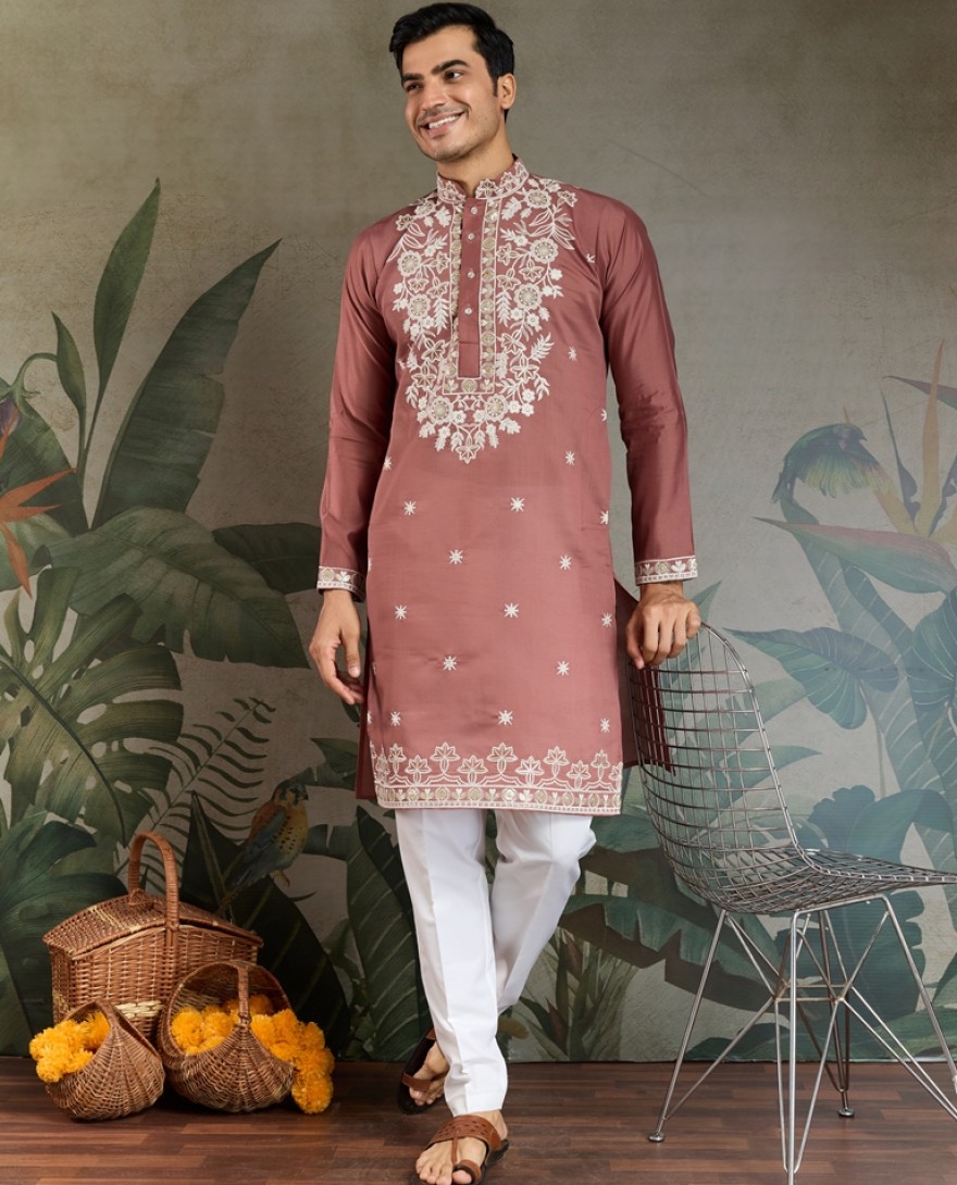 61324-pink - Pastel pink Thread & Sequence Hand Embroidered Men’s Kurta Set